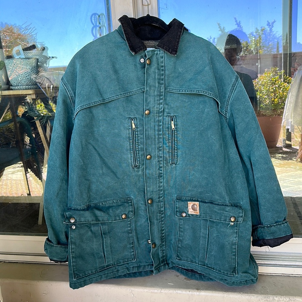 RARE Vintage Moss Green Carhartt Blanket Lined Full Zip Heavy Barn Coat